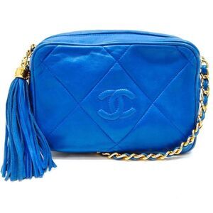 CHANEL Quilted Tassel CC Camera Bag Case Blue Lambskin Auth 1980s Crossbody